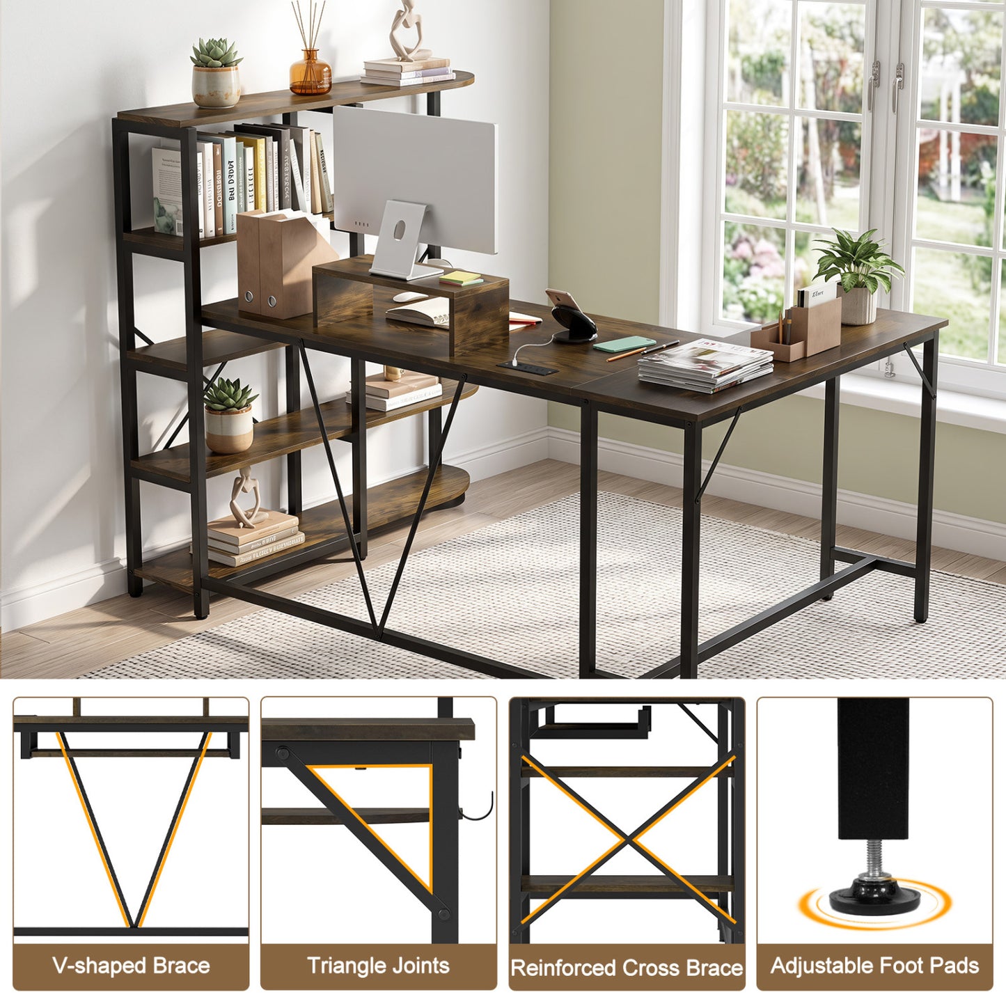 Bureau en forme de U de 63" avec prises de courant, étagère à livres à 5 niveaux, plateau pour clavier, brun rustique
