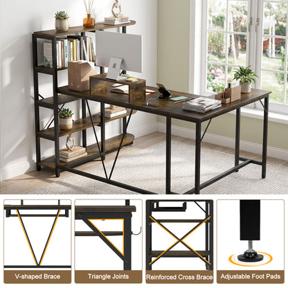 Bureau en forme de U de 63" avec prises de courant, étagère à livres à 5 niveaux, plateau pour clavier, brun rustique