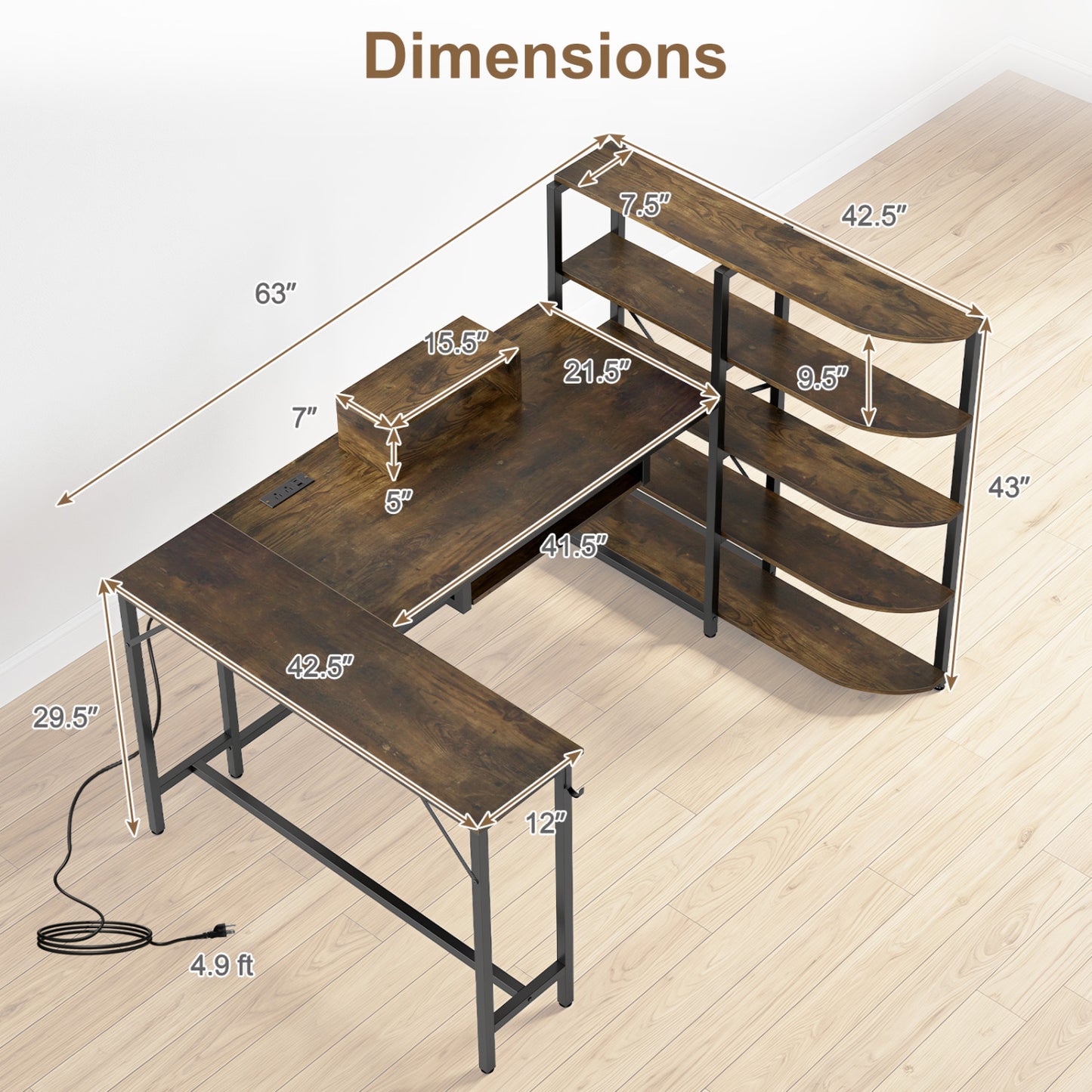 Bureau en forme de U de 63" avec prises de courant, étagère à livres à 5 niveaux, plateau pour clavier, brun rustique