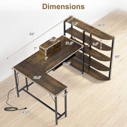 Bureau en forme de U de 63" avec prises de courant, étagère à livres à 5 niveaux, plateau pour clavier, brun rustique