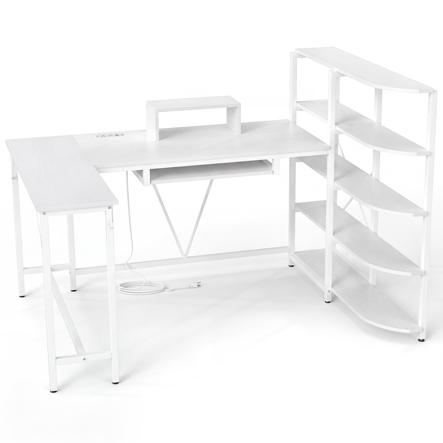 Bureau d'ordinateur en forme de U avec prises de courant, blanc