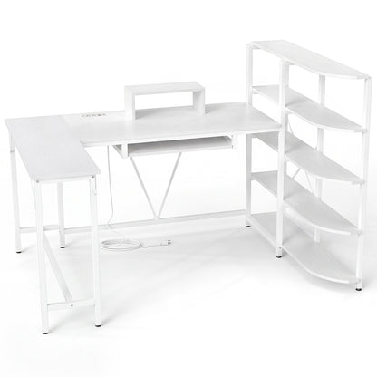 Bureau d'ordinateur en forme de U avec prises de courant, blanc