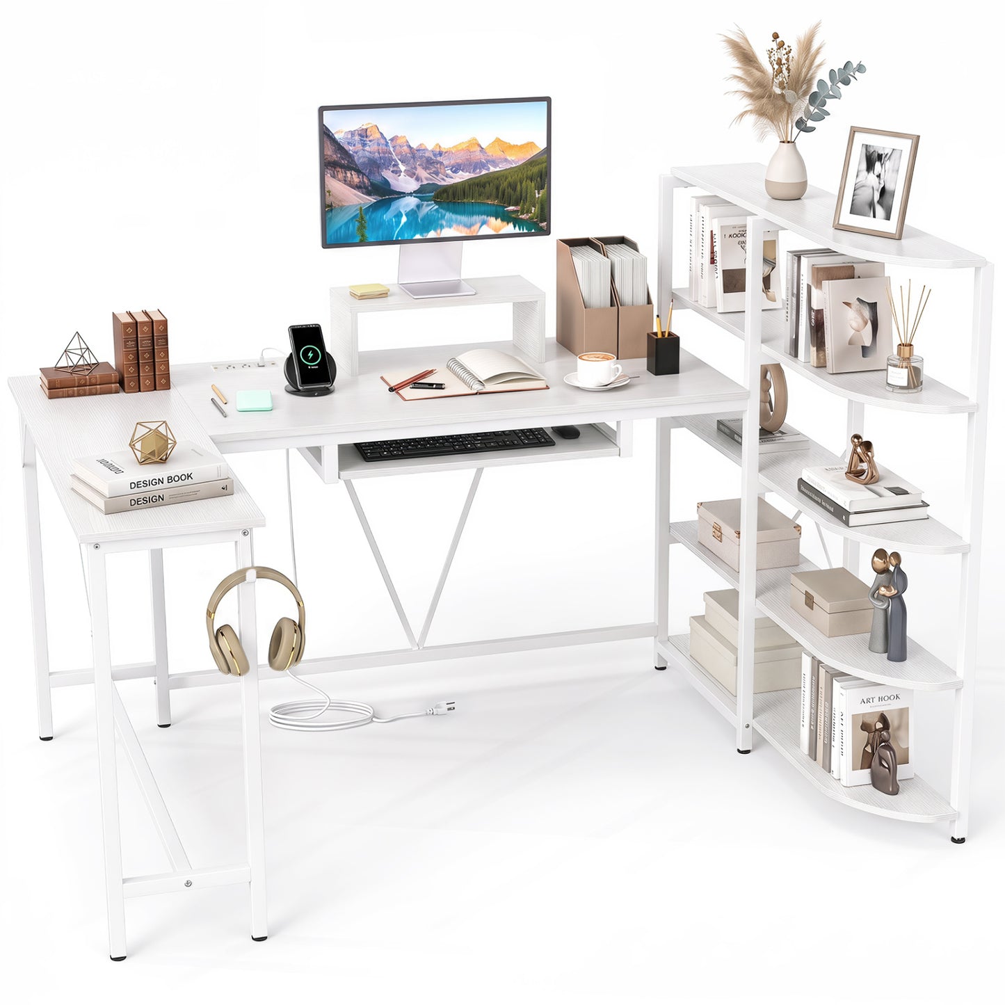 Bureau d'ordinateur en forme de U avec prises de courant, blanc