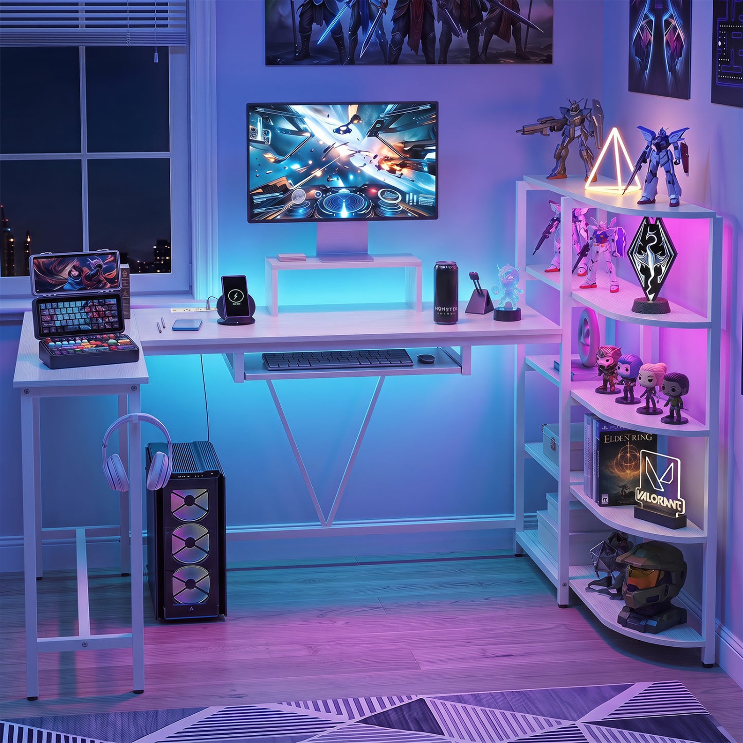Bureau d'ordinateur en forme de U avec prises de courant, blanc