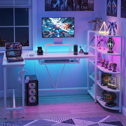 Bureau d'ordinateur en forme de U avec prises de courant, blanc