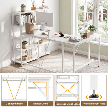 Bureau d'ordinateur en forme de U avec prises de courant, blanc