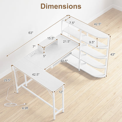 Bureau d'ordinateur en forme de U avec prises de courant, blanc