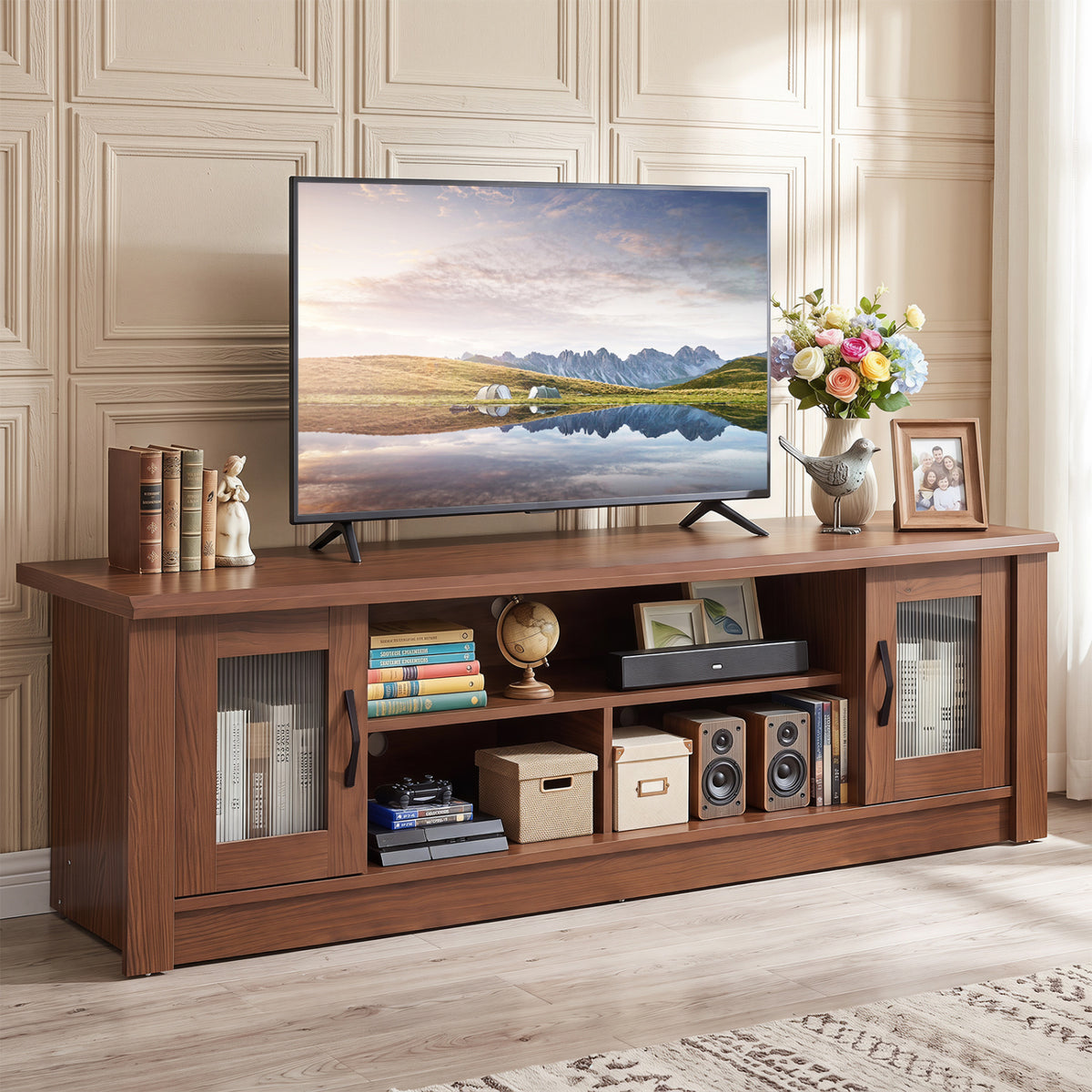 63" Wooden Farmhouse TV Stand for 70" TVs, 2 Doors, 3 Compartments, Brown