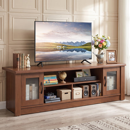 63" Wooden Farmhouse TV Stand for 70" TVs, 2 Doors, 3 Compartments, Brown