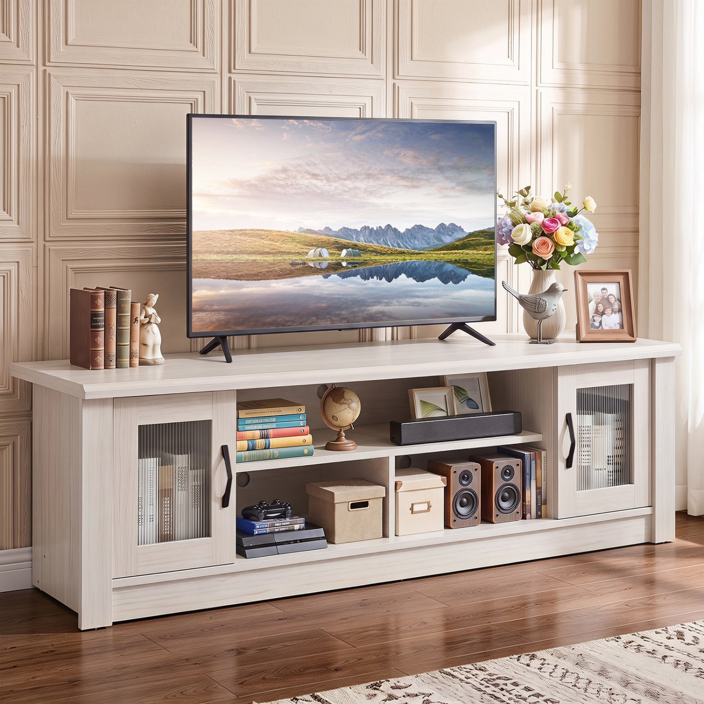 63" Wooden Farmhouse TV Stand for 70" TVs, 2 Doors, 3 Compartments, White
