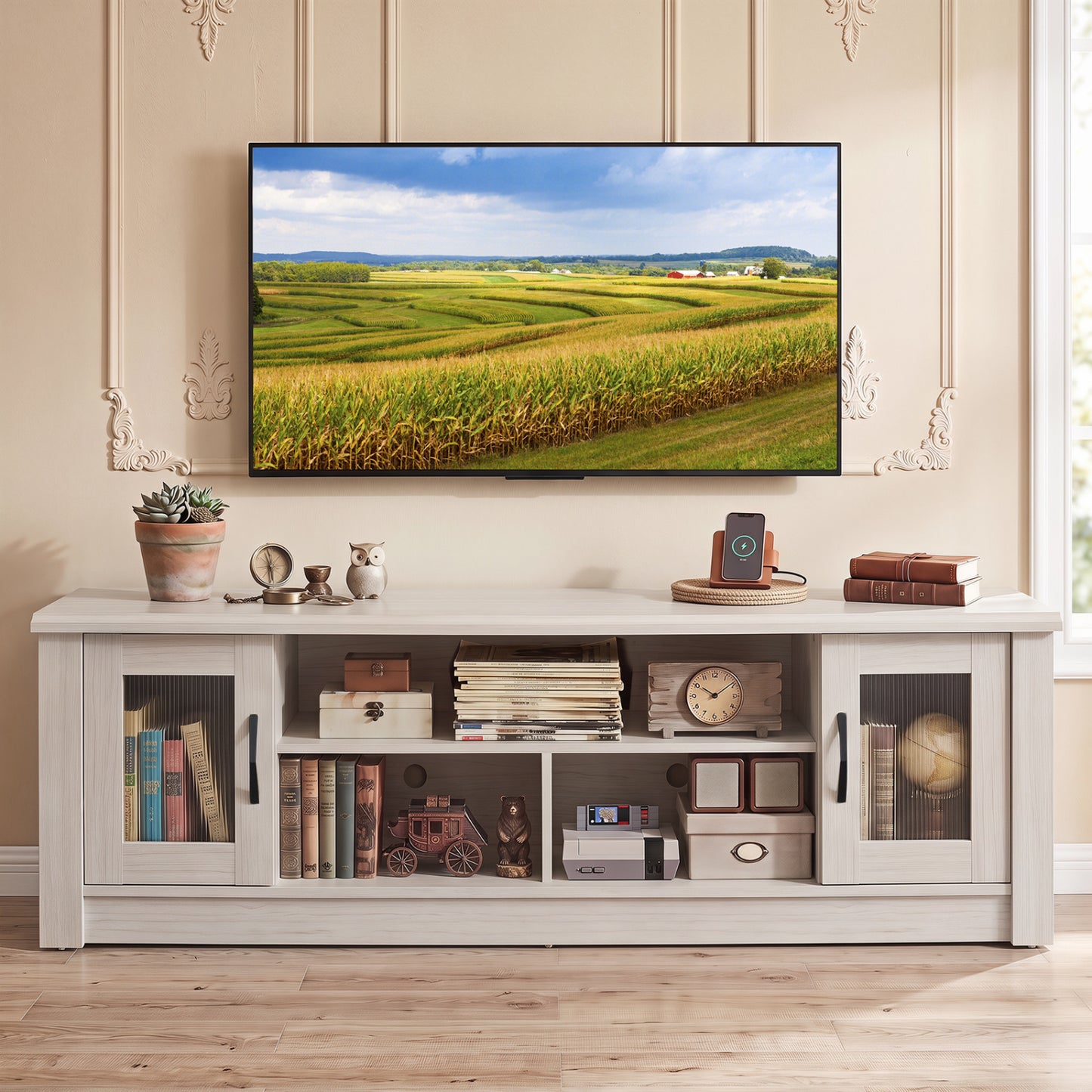 63" Wooden Farmhouse TV Stand for 70" TVs, 2 Doors, 3 Compartments, White