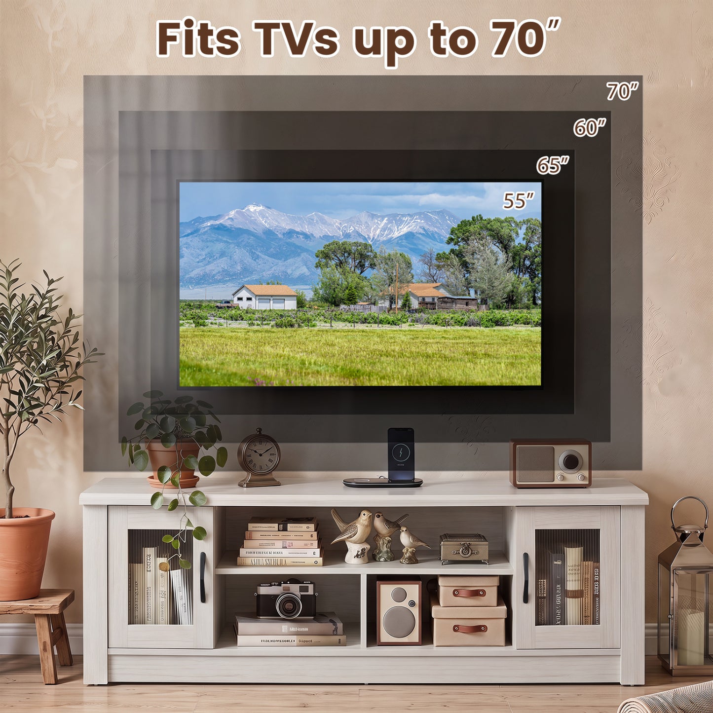 63" Wooden Farmhouse TV Stand for 70" TVs, 2 Doors, 3 Compartments, White