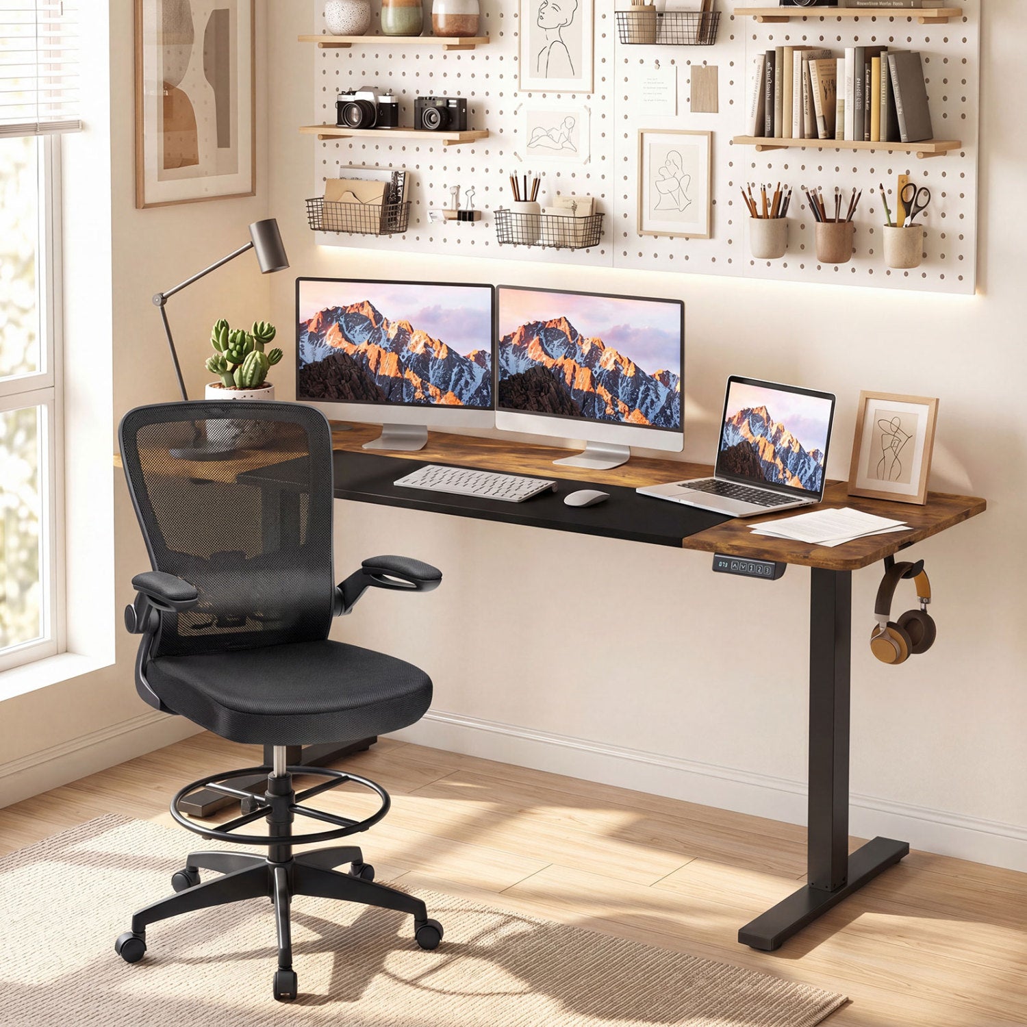 63 x 24 Inch Height Adjustable Sit Stand Computer Desk with 3 Memory Presets, Rustic Brown Computer Desks at Gallery Canada