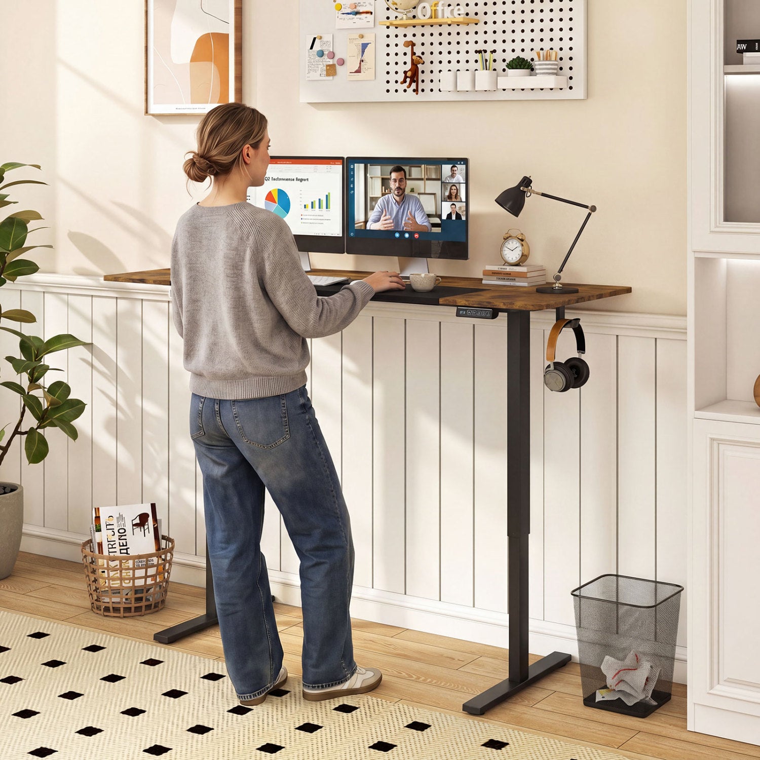 63 x 24 Inch Height Adjustable Sit Stand Computer Desk with 3 Memory Presets, Rustic Brown Computer Desks at Gallery Canada