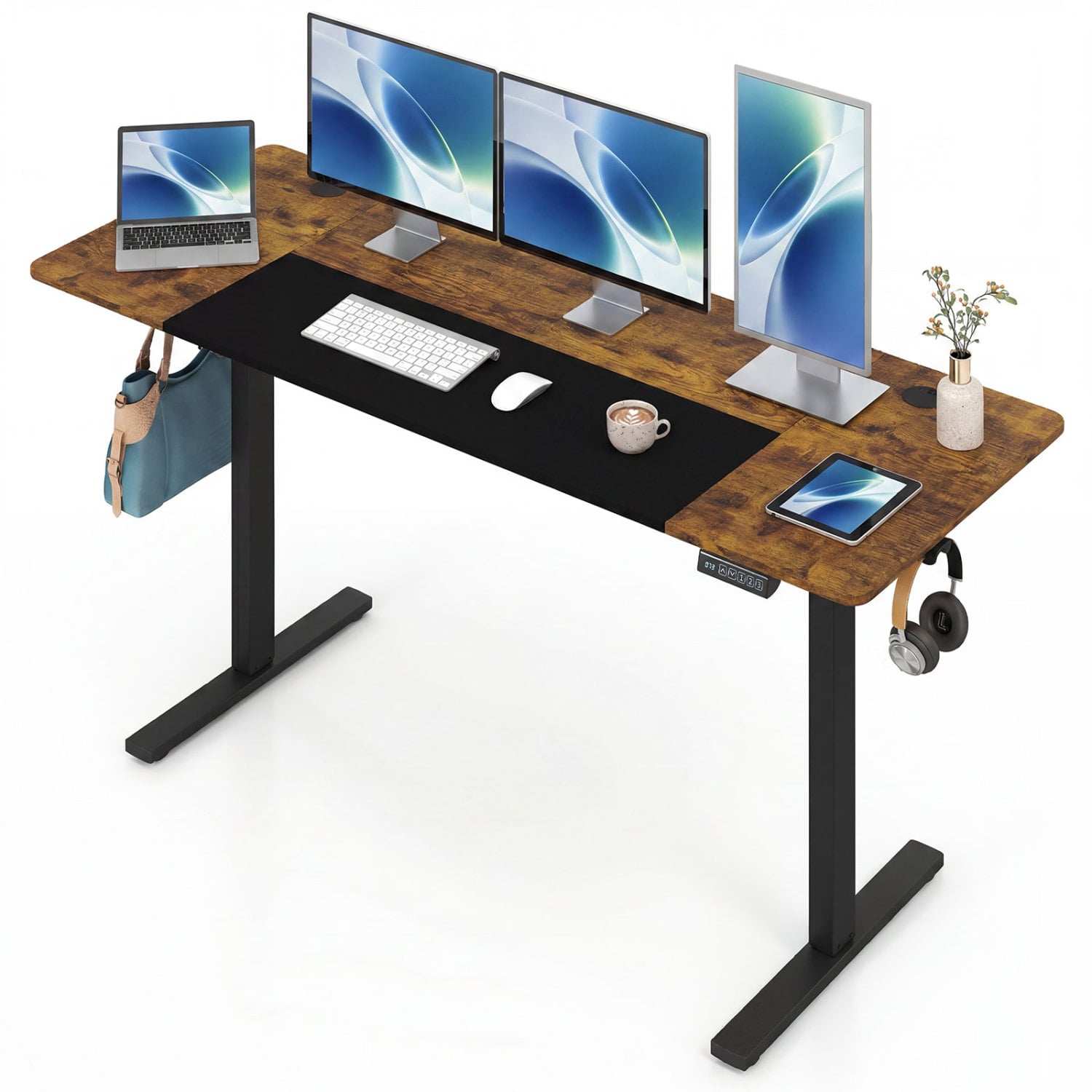 63 x 24 Inch Height Adjustable Sit Stand Computer Desk with 3 Memory Presets, Rustic Brown Computer Desks Rustic Brown at Gallery Canada