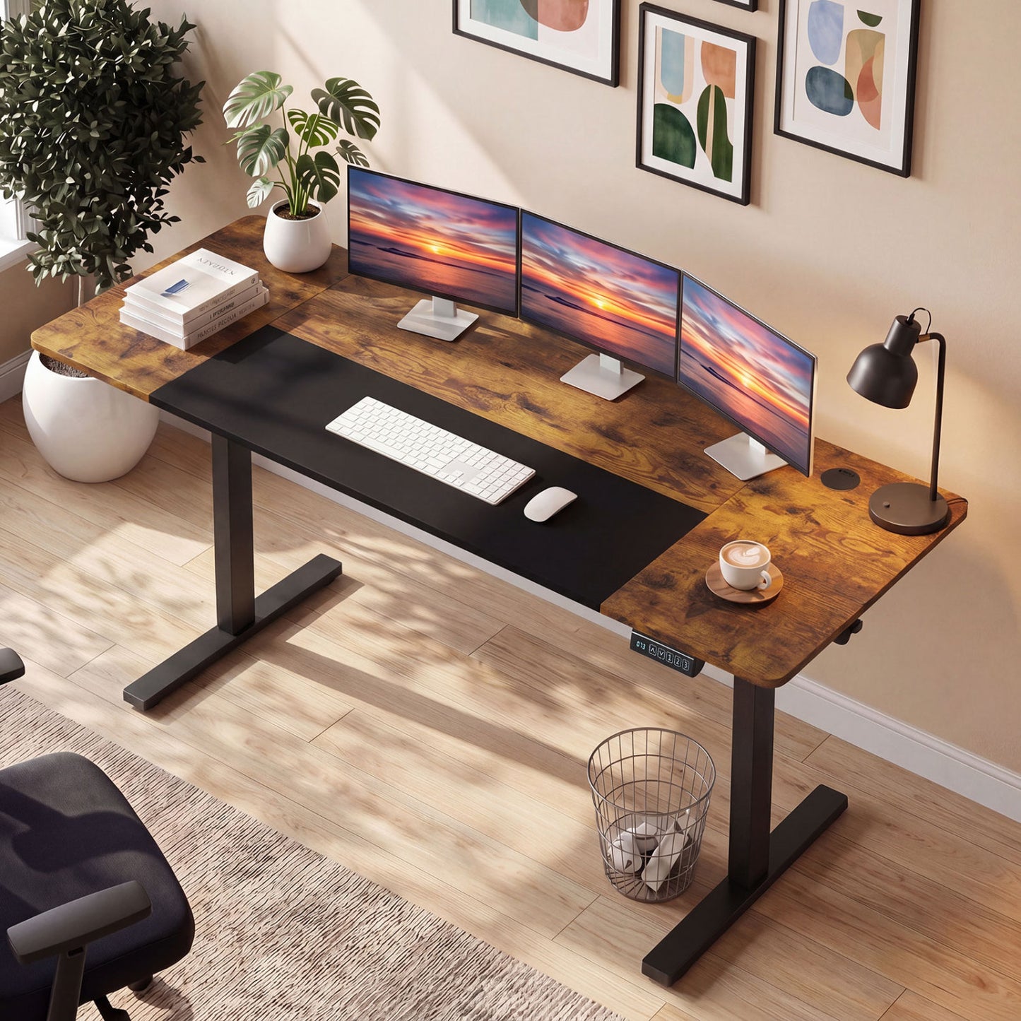 63 x 24 Inch Height Adjustable Sit Stand Computer Desk with 3 Memory Presets, Rustic Brown Computer Desks at Gallery Canada