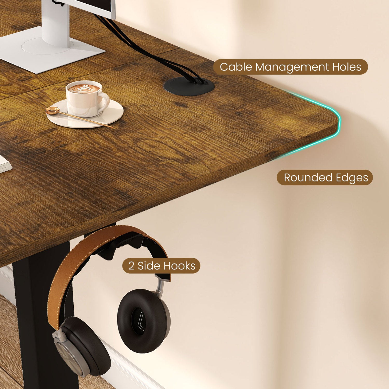 63 x 24 Inch Height Adjustable Sit Stand Computer Desk with 3 Memory Presets, Rustic Brown Computer Desks at Gallery Canada