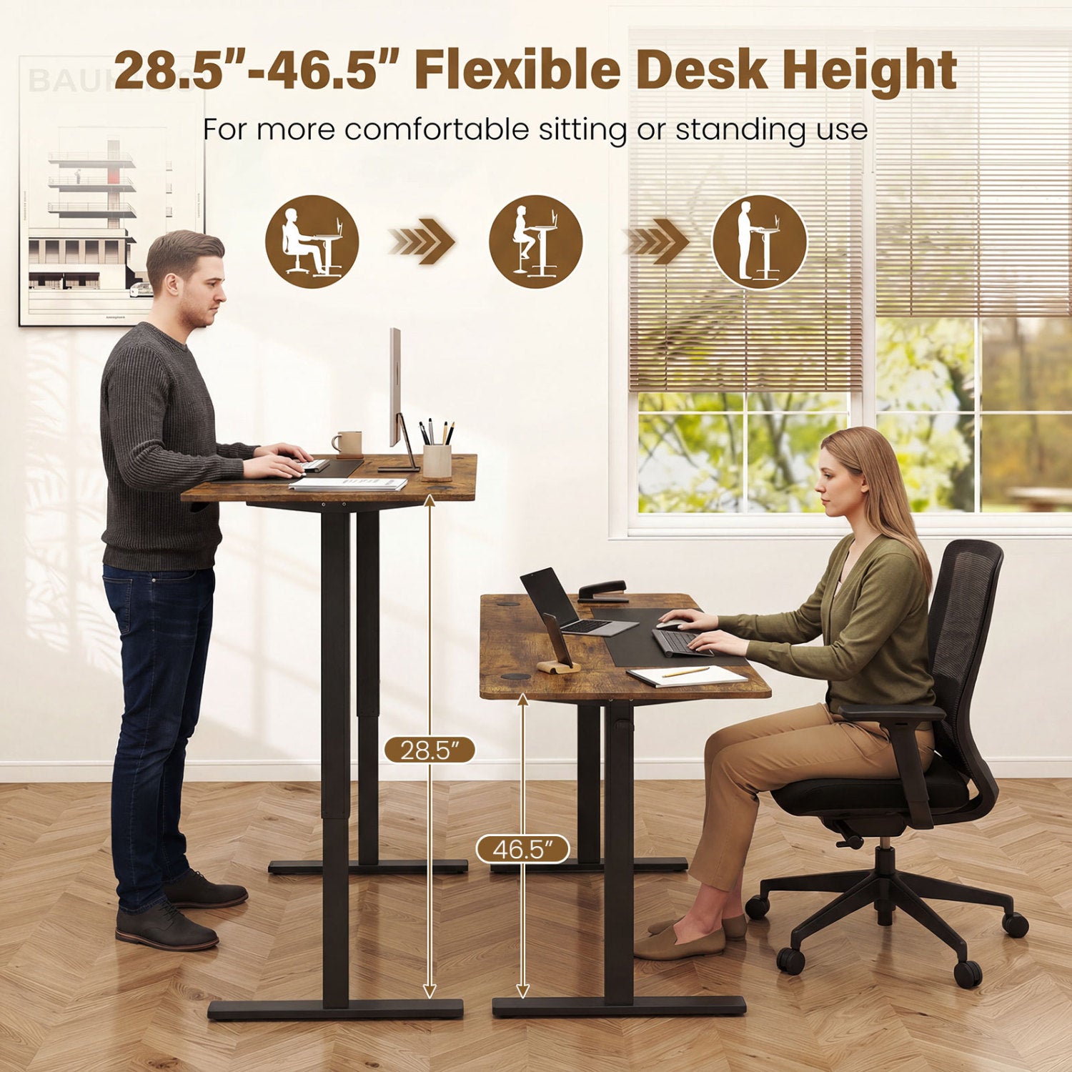 63 x 24 Inch Height Adjustable Sit Stand Computer Desk with 3 Memory Presets, Rustic Brown Computer Desks at Gallery Canada