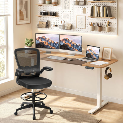 63 x 24 Inch Height Adjustable Sit Stand Computer Desk with 3 Memory Presets, Natural & White Computer Desks at Gallery Canada