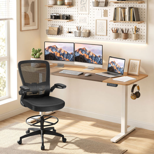 63 x 24 Inch Height Adjustable Sit Stand Computer Desk with 3 Memory Presets, Natural & White Computer Desks Natural & White at Gallery Canada