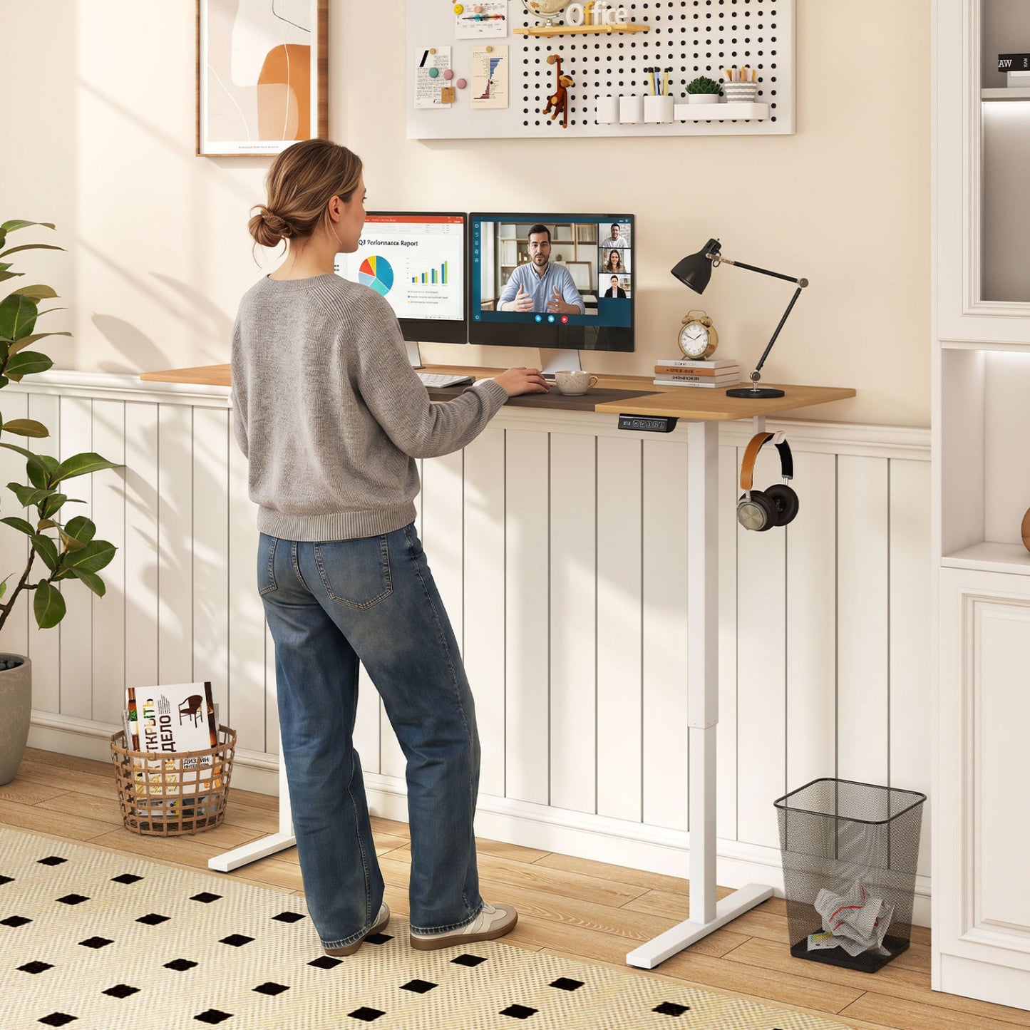 63 x 24 Inch Height Adjustable Sit Stand Computer Desk with 3 Memory Presets, Natural & White Computer Desks at Gallery Canada