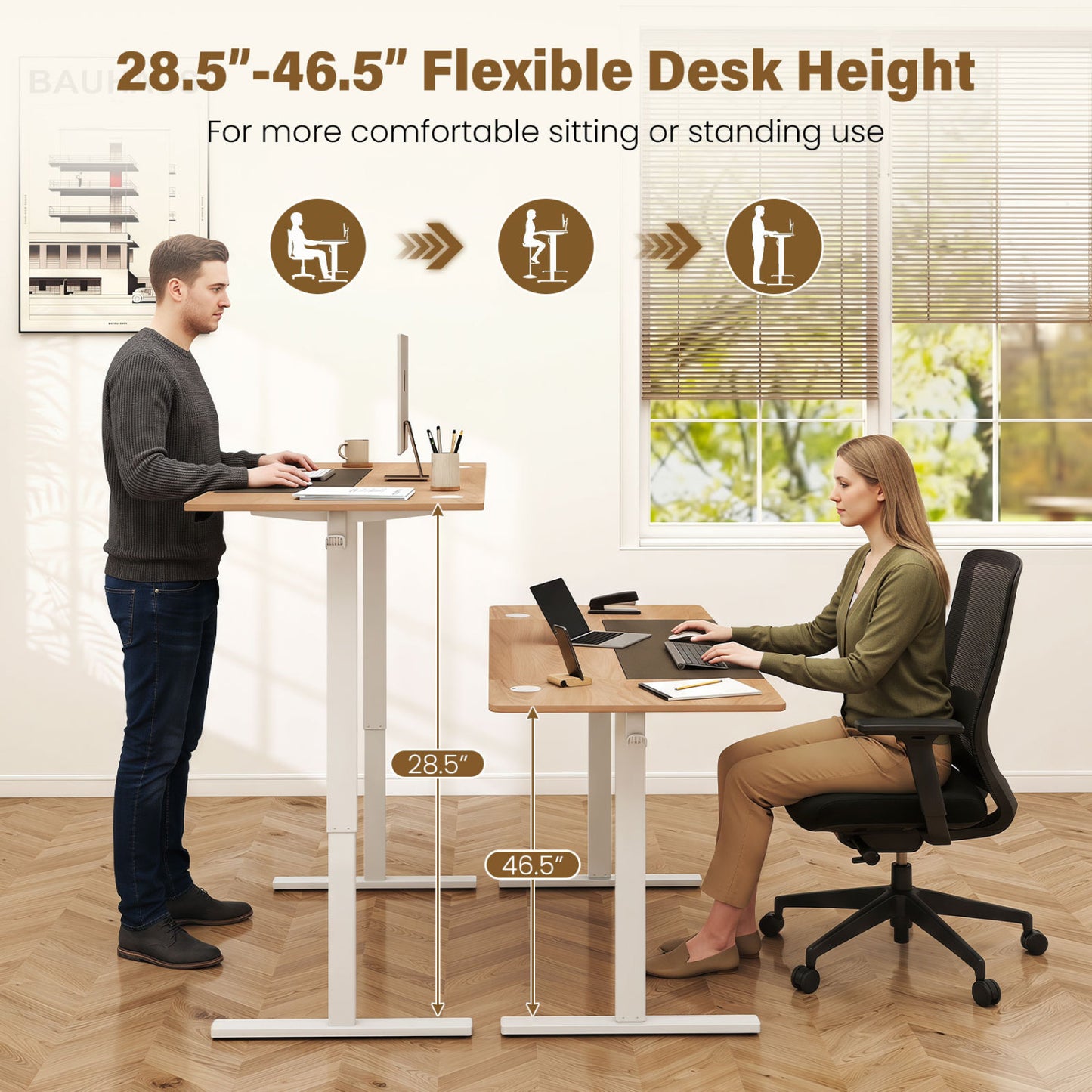 63 x 24 Inch Height Adjustable Sit Stand Computer Desk with 3 Memory Presets, Natural & White Computer Desks at Gallery Canada