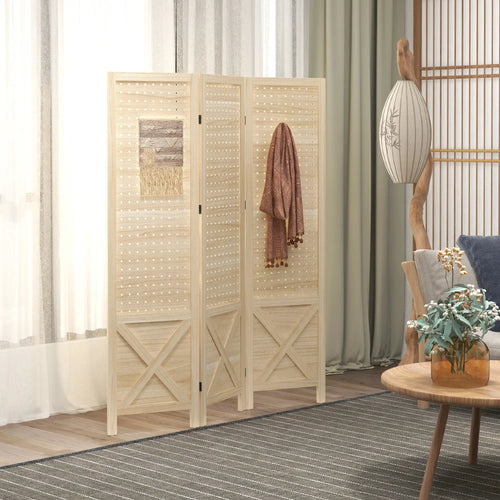 4.7' Wooden Room Divider, 3 Panel Folding Privacy Screen, Natural
