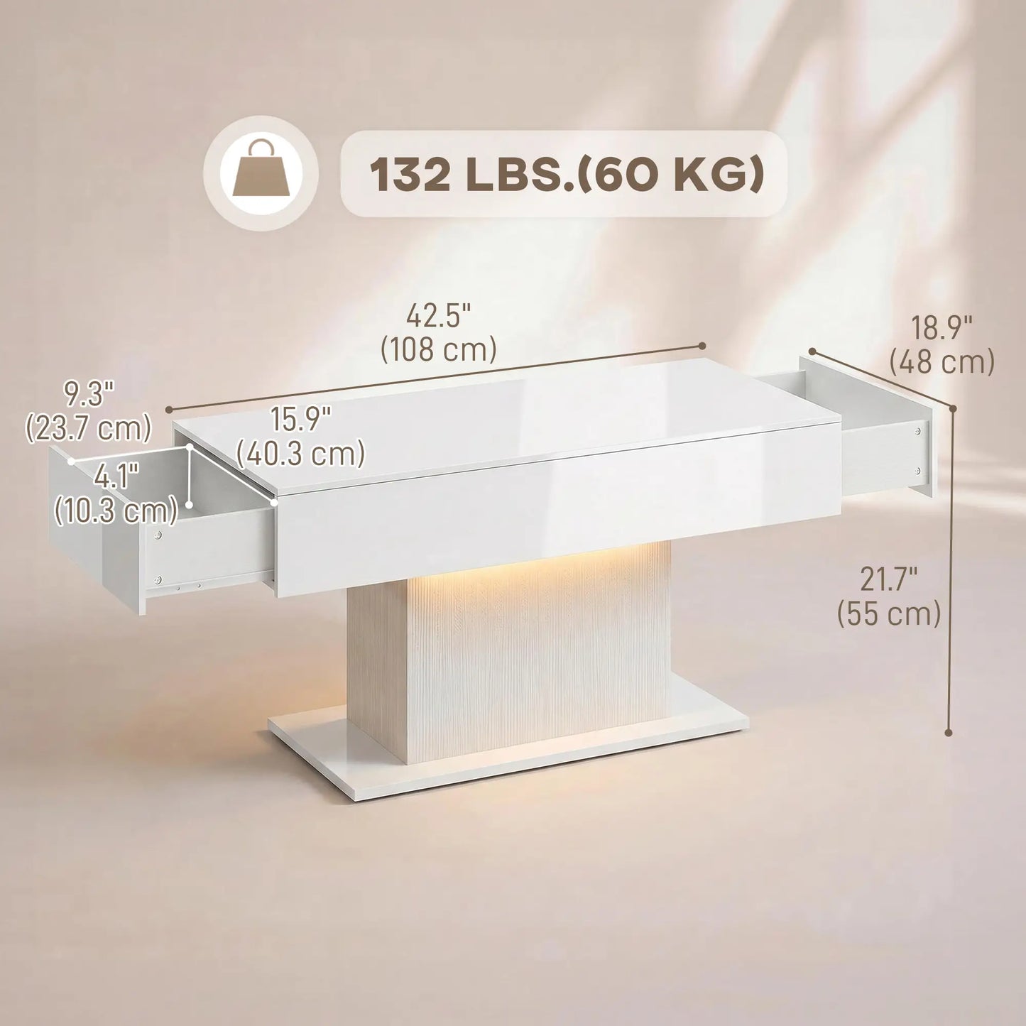 LED Coffee Table with Storage, High Gloss Modern Center Table with 2 Drawers and Remote Control for Living Room, White