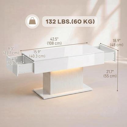 LED Coffee Table with Storage, High Gloss Modern Center Table with 2 Drawers and Remote Control for Living Room, White