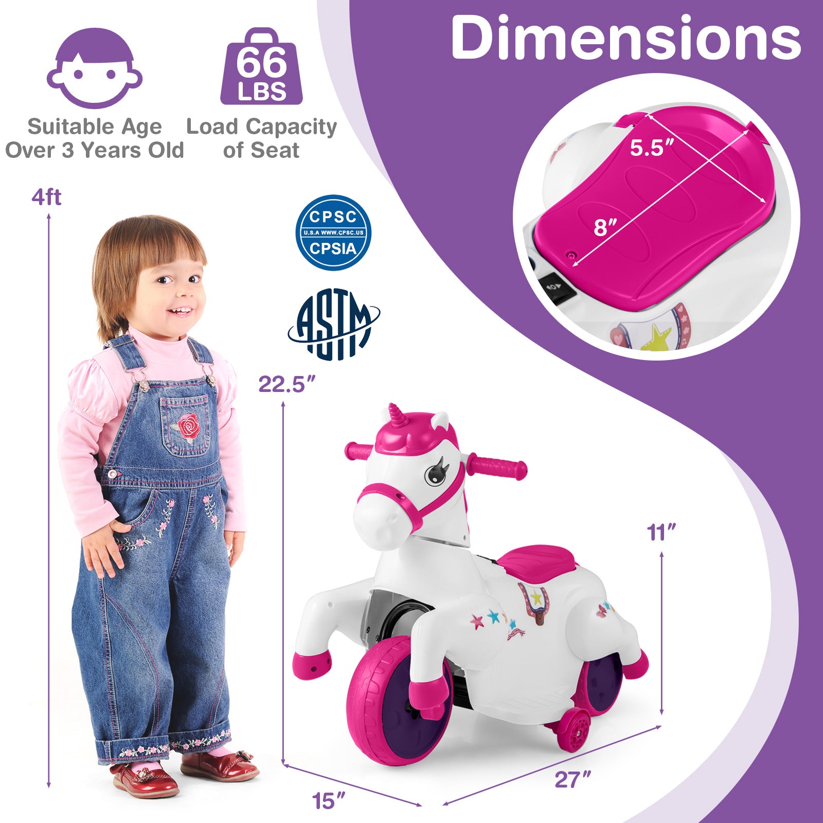 12V Unicorn Ride On Toy, Training Wheels, Horse Riding Mode, Rose Red Powered Ride On Toys at Gallery Canada