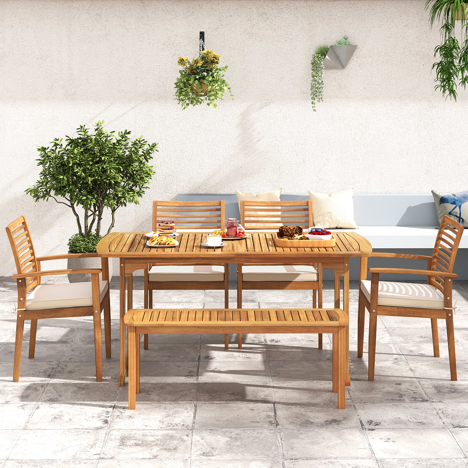 Outdoor Patio Dining Chairs Set of 2 with Removable Padded Cushion and Slatted Backrest, Beige Patio Dining Chairs at Gallery Canada