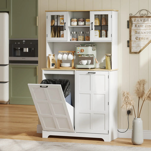 Kitchen Pantry Cabinet, 7 Gallon Trash Can, Adjustable Shelves, White