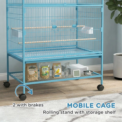 52'' Large Rolling Steel Bird Cage Bird House with Rolling Stand, Storage Shelf, Wood Perch, Food Container, Light Blue Bird Cages at Gallery Canada