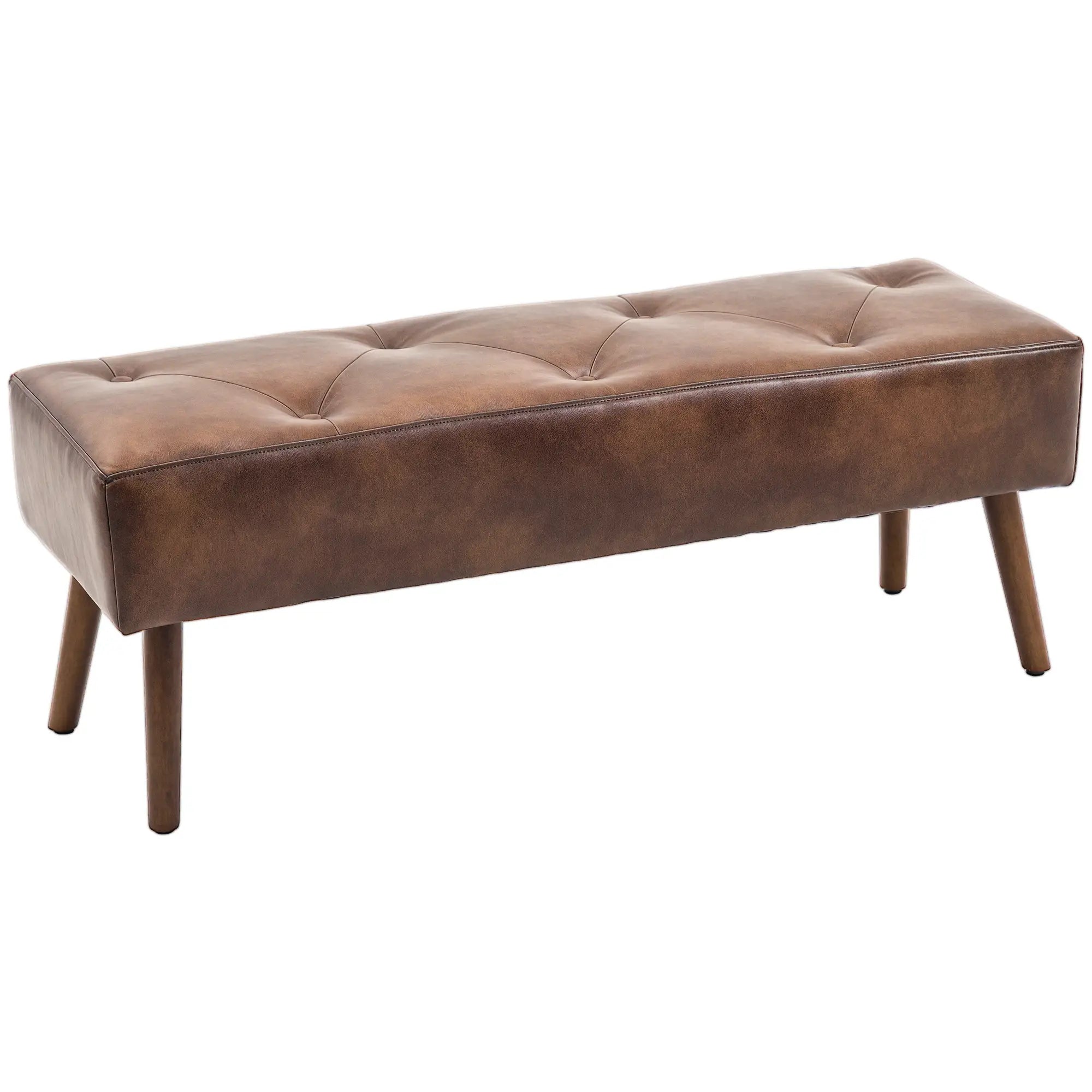 Button Tufted PU Leather Bench, Wood Legs, Brown Storage Ottomans & Benches at Gallery Canada
