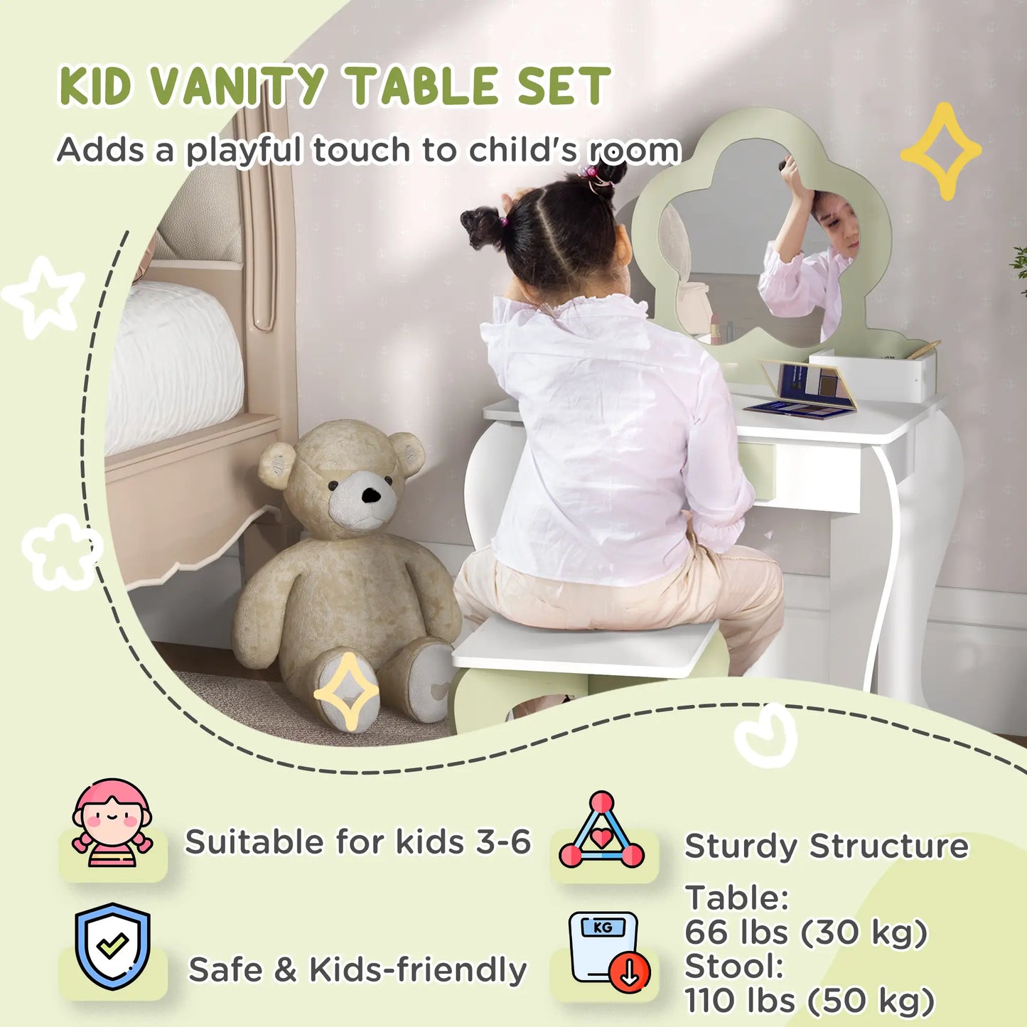 Kids Makeup Vanity Set with Stool, Mirror, Drawer, Storage Boxes, White Toy Vanity at Gallery Canada