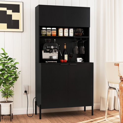 64.5 Inches Tall Kitchen Pantry Cabinet with Charging Station and Wine Glass Rack, Black