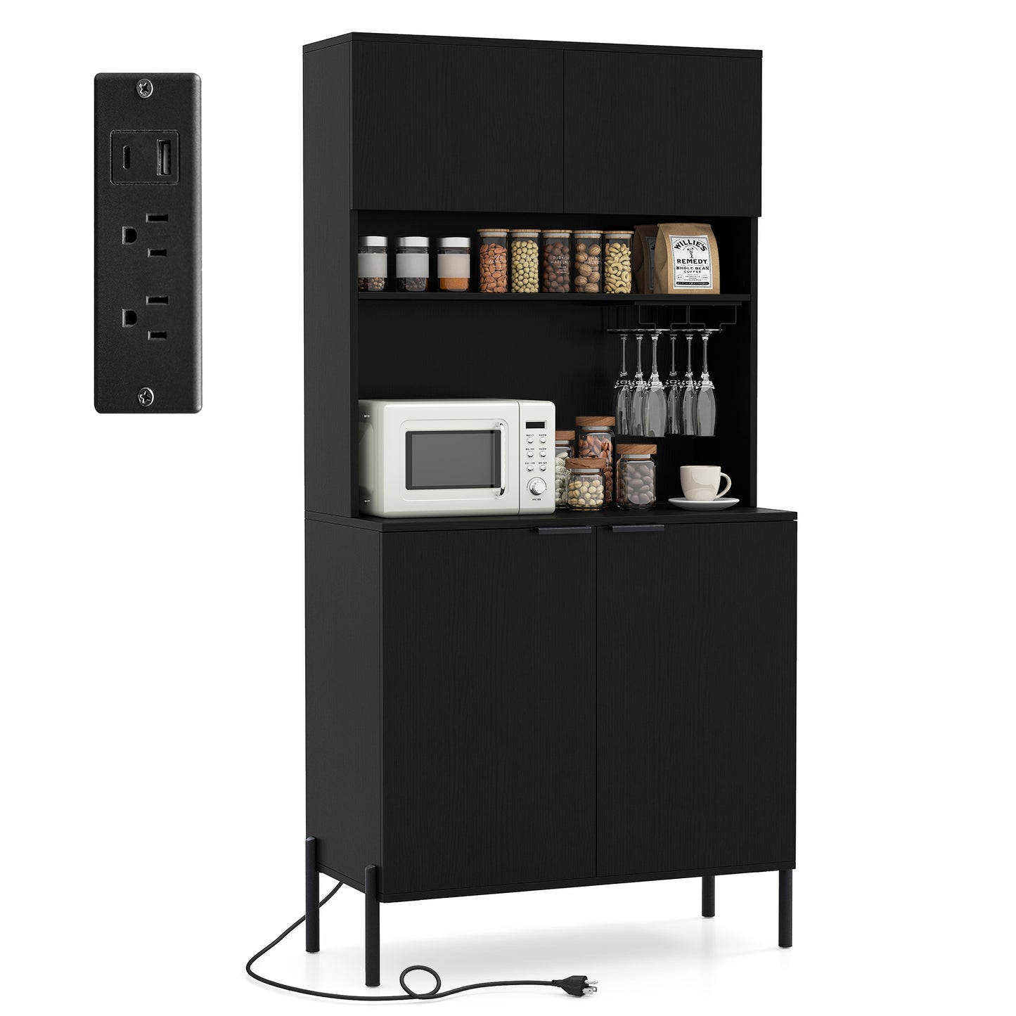 64.5 Inches Tall Kitchen Pantry Cabinet with Charging Station and Wine Glass Rack, Black Sideboards Cabinets & Buffets Black at Gallery Canada