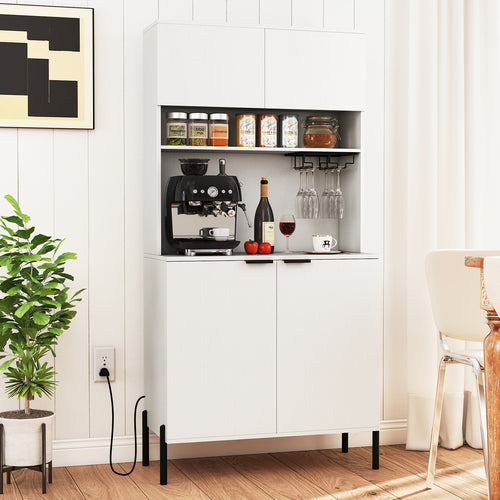 64.5 Inches Tall Kitchen Pantry Cabinet with Charging Station and Wine Glass Rack, White