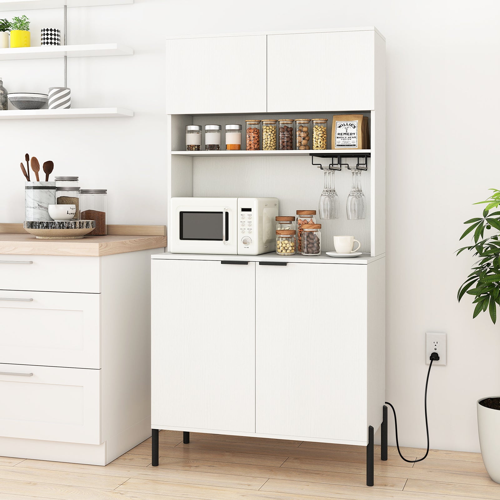 64.5 Inches Tall Kitchen Pantry Cabinet with Charging Station and Wine Glass Rack, White Sideboards Cabinets & Buffets at Gallery Canada