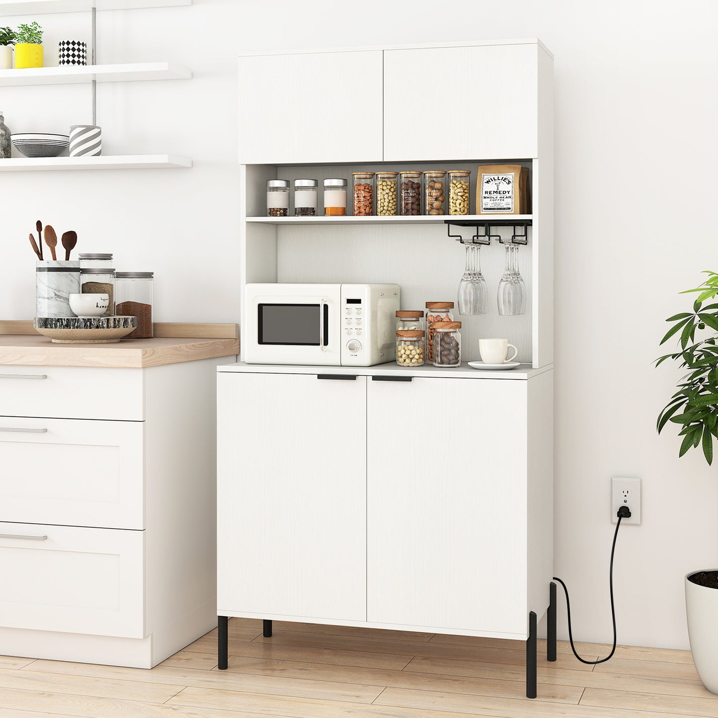 64.5 Inches Tall Kitchen Pantry Cabinet with Charging Station and Wine Glass Rack, White Sideboards Cabinets & Buffets at Gallery Canada