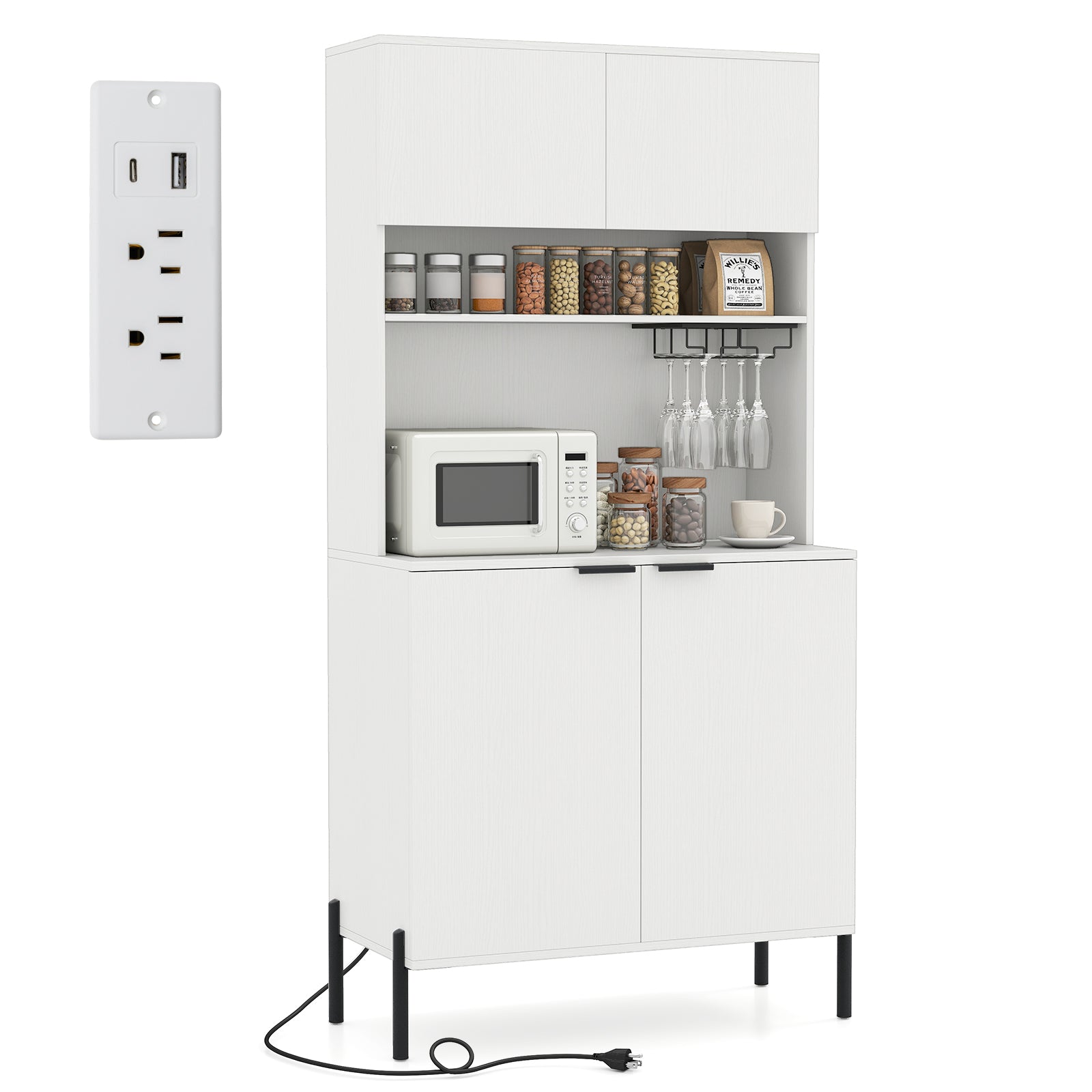 64.5 Inches Tall Kitchen Pantry Cabinet with Charging Station and Wine Glass Rack, White Sideboards Cabinets & Buffets White at Gallery Canada
