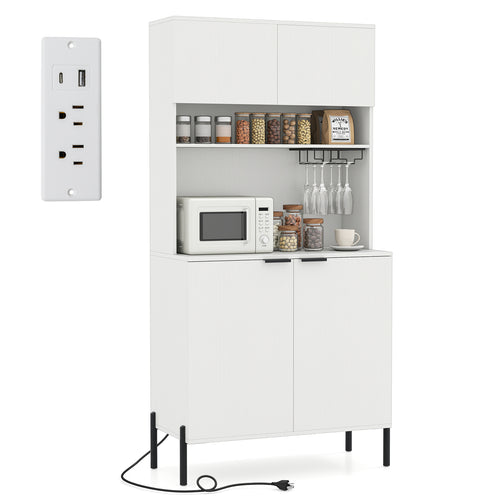 64.5 Inches Tall Kitchen Pantry Cabinet with Charging Station and Wine Glass Rack, White
