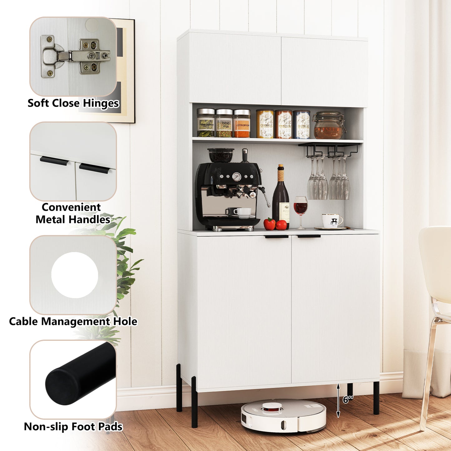 64.5 Inches Tall Kitchen Pantry Cabinet with Charging Station and Wine Glass Rack, White Sideboards Cabinets & Buffets at Gallery Canada