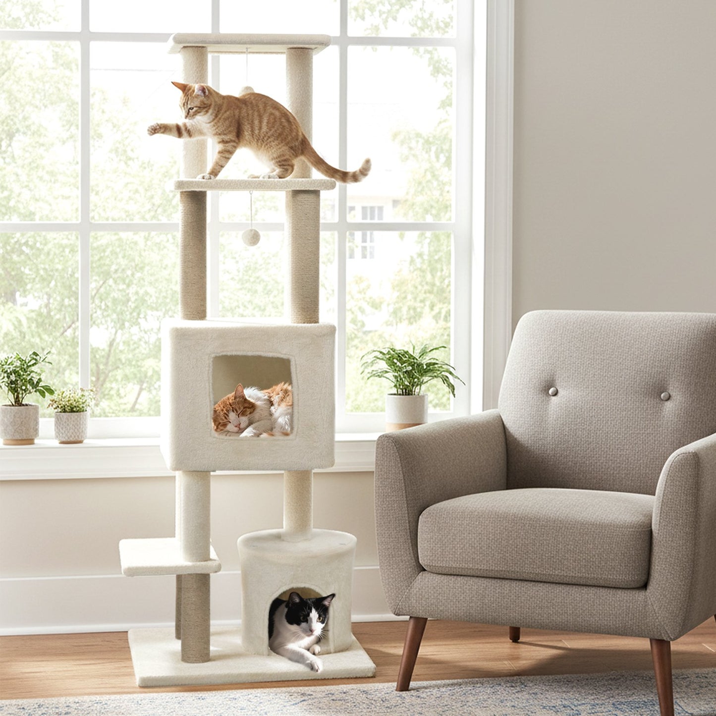 64 Inch Tall Cat Tree with 2 Large Condos and Jute Scratching Posts for Indoor Adult Cats, Beige Cat Trees Condos & Scratchers at Gallery Canada