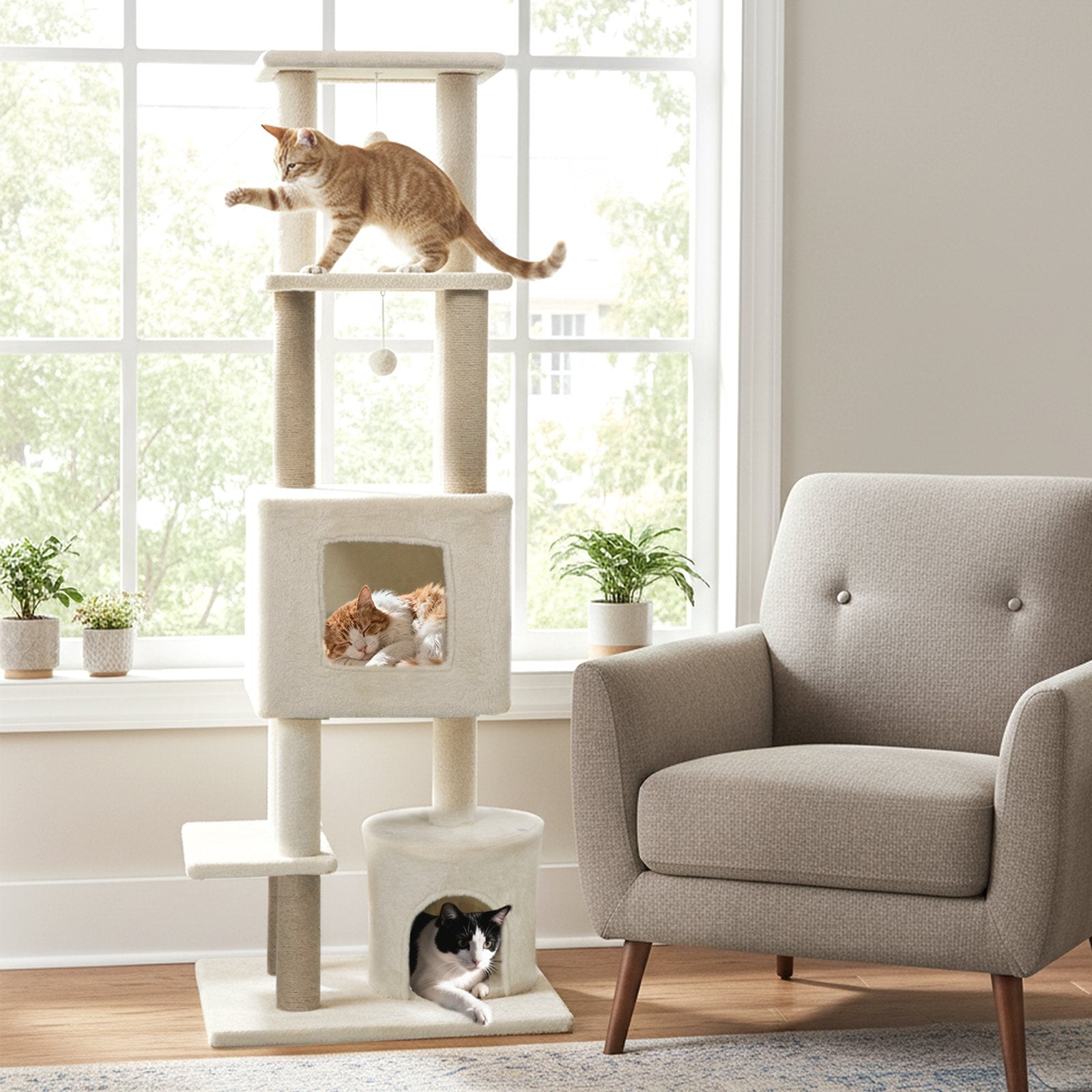 64 Inch Tall Cat Tree with 2 Large Condos and Jute Scratching Posts for Indoor Adult Cats, Beige Cat Trees Condos & Scratchers at Gallery Canada