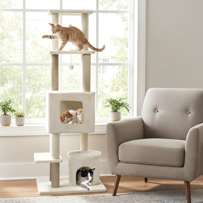 64 Inch Tall Cat Tree with 2 Large Condos and Jute Scratching Posts for Indoor Adult Cats, Beige Cat Trees Condos & Scratchers at Gallery Canada