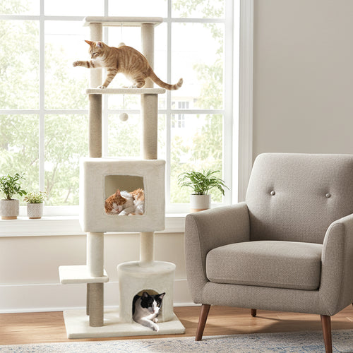 64 Inch Tall Cat Tree with 2 Large Condos and Jute Scratching Posts for Indoor Adult Cats, Beige