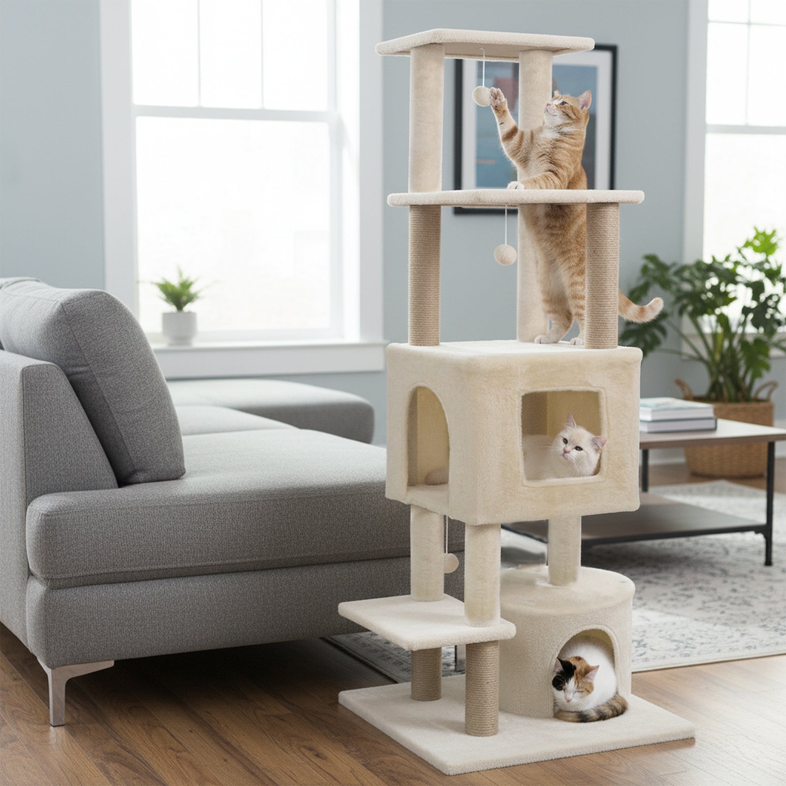 64 Inch Tall Cat Tree with 2 Large Condos and Jute Scratching Posts for Indoor Adult Cats, Beige Cat Trees Condos & Scratchers at Gallery Canada