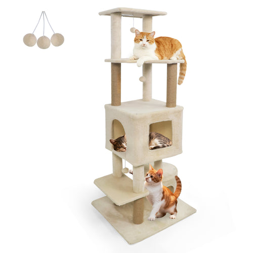 64 Inch Tall Cat Tree with 2 Large Condos and Jute Scratching Posts for Indoor Adult Cats, Beige