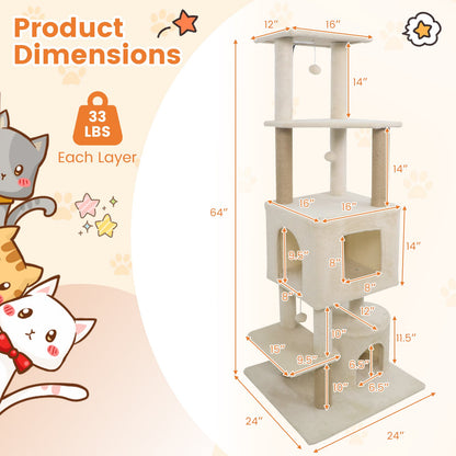 64 Inch Tall Cat Tree with 2 Large Condos and Jute Scratching Posts for Indoor Adult Cats, Beige Cat Trees Condos & Scratchers at Gallery Canada